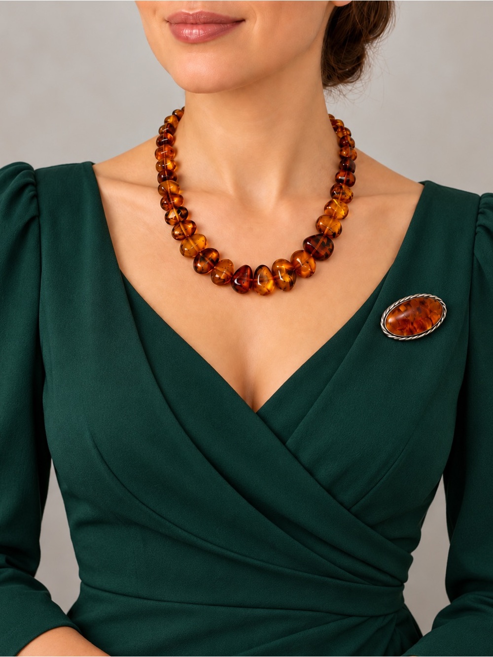 Vintage Amber Necklace Brooch Set Honey Cognac Baltic Style Jewelry